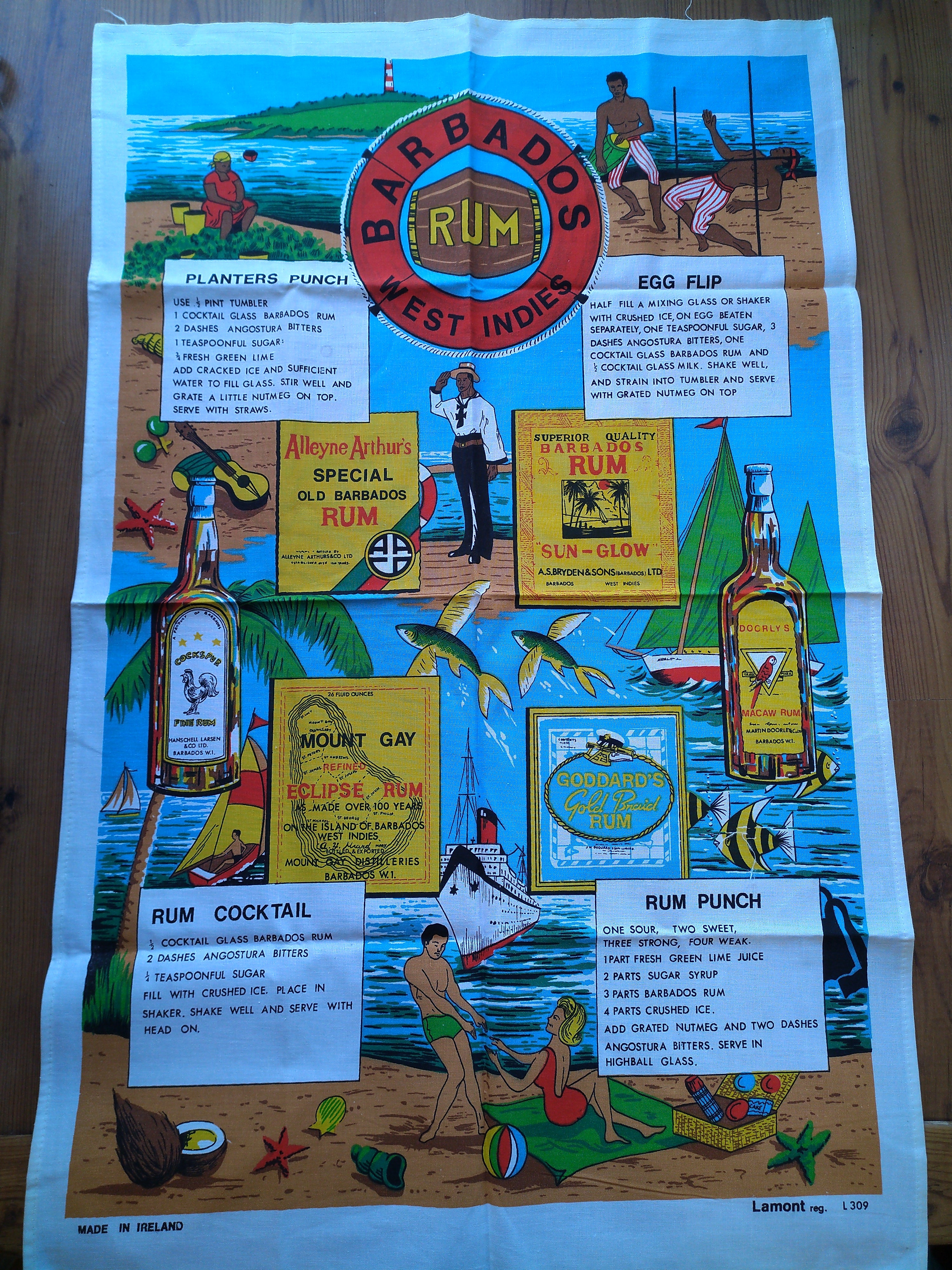Vintage Barbados Rum Souvenir Tea Towel – West Indies Cocktail Recipes, Made in Ireland