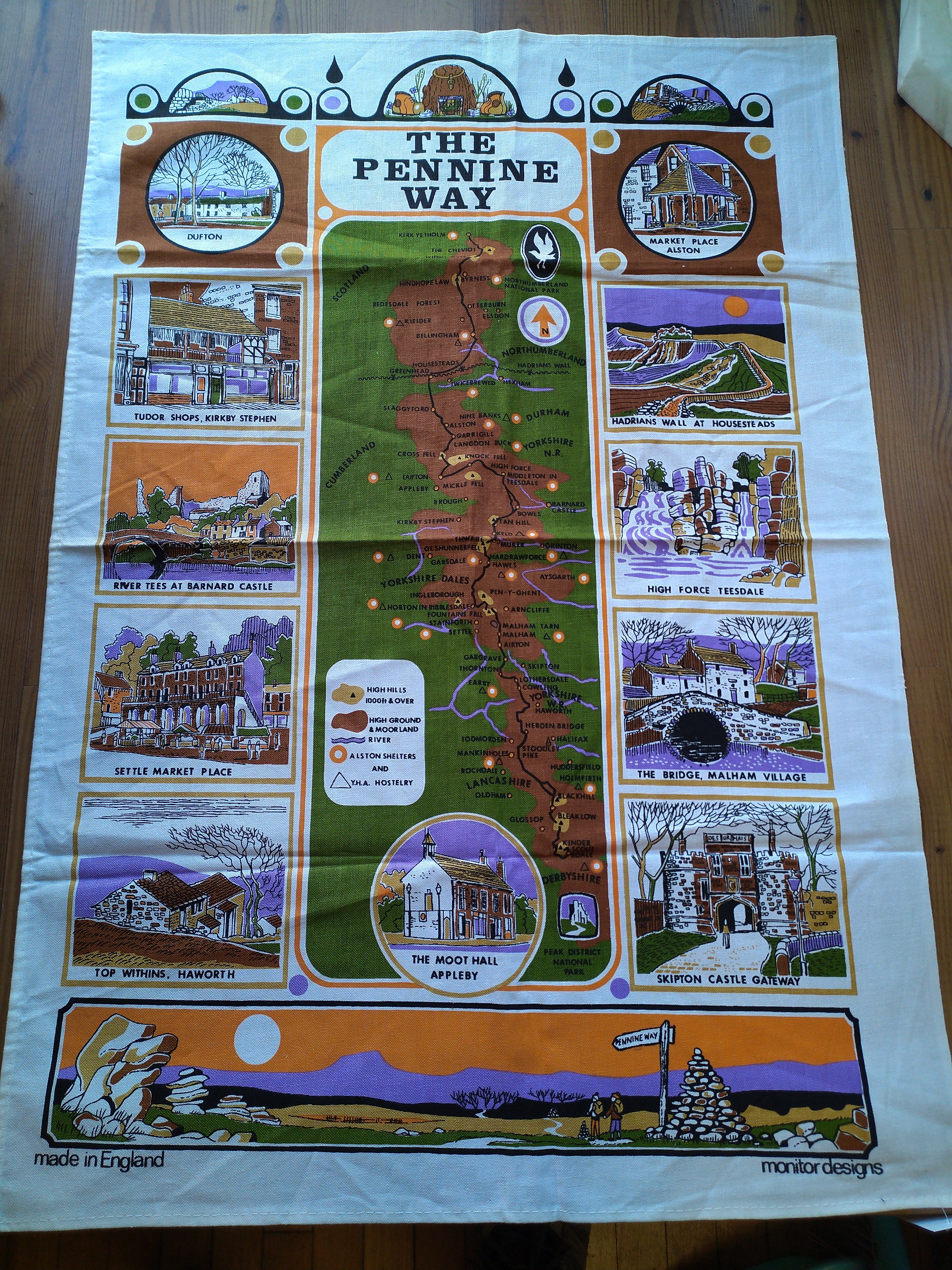 Vintage “The Pennine Way” Illustrated Map Tea Towel – England Hiking Souvenir